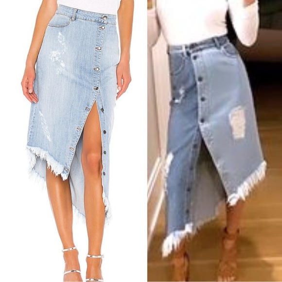NWT Retrofete Maude Denim Distressed Midi Button Down Asymmetrical Skirt - Picture 1 of 9